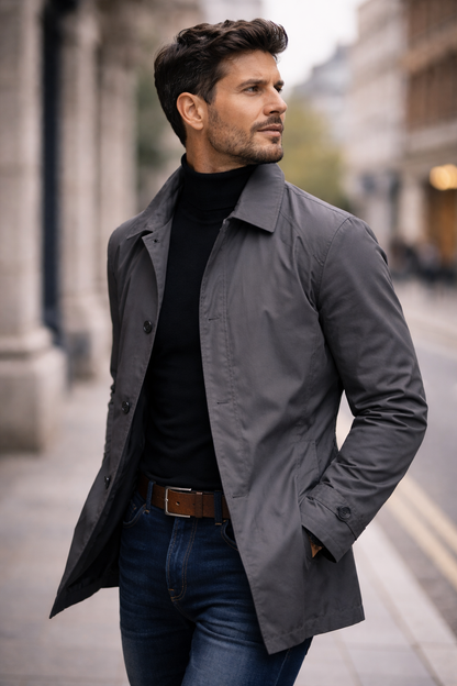 Close three-quarter view of a model in the grey jacket, one hand in pocket, looking away on a city street. 7