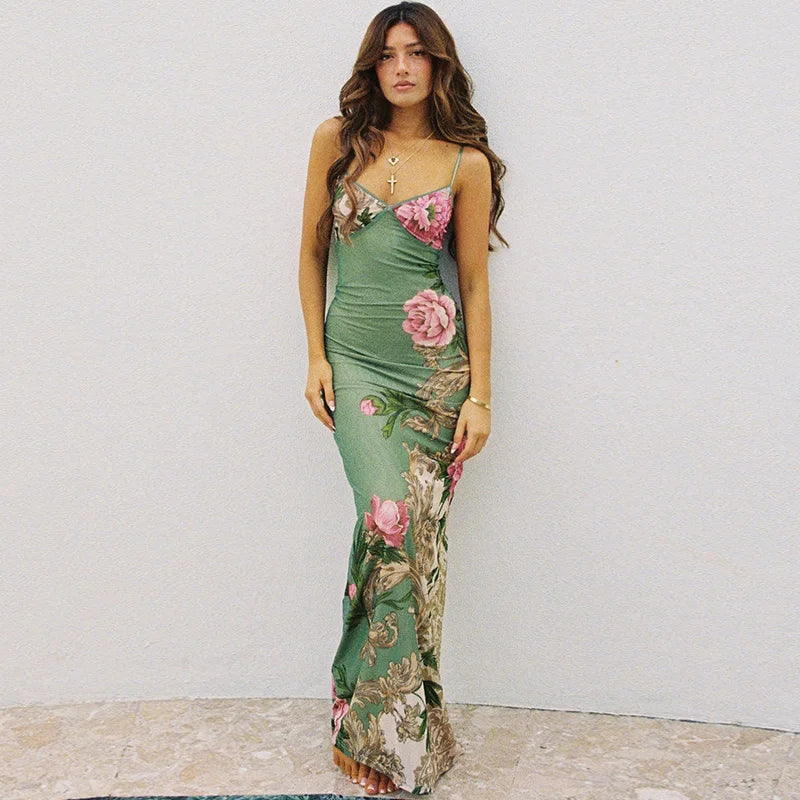 Floral summer maxi dress with V-neck and spaghetti straps - Alina