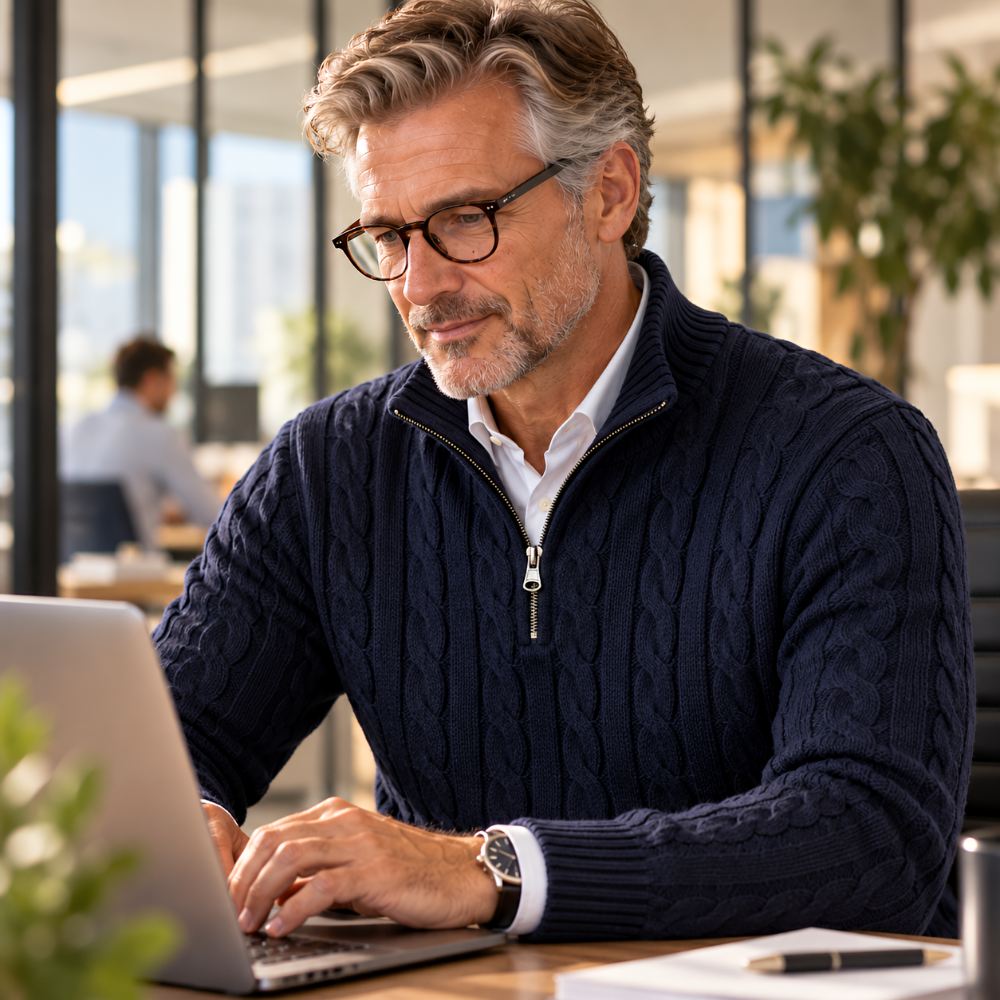 Man with glasses wearing the navy half-zip jumper over a white shirt while working at a laptop in an office. 7