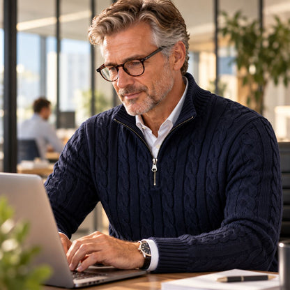 Man with glasses wearing the navy half-zip jumper over a white shirt while working at a laptop in an office. 7