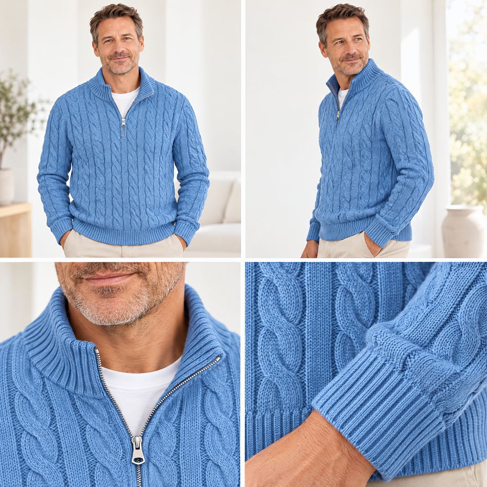 Four-panel collage of the blue jumper: front view, angled view, close-up of the zip and collar, and ribbed cuff detail. 5