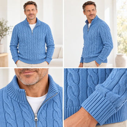 Four-panel collage of the blue jumper: front view, angled view, close-up of the zip and collar, and ribbed cuff detail. 5