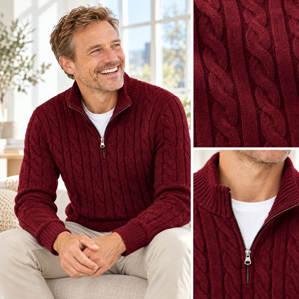 Collage of the burgundy jumper: smiling seated model, close-up of the cable pattern, and close-up of the zip and collar. 6