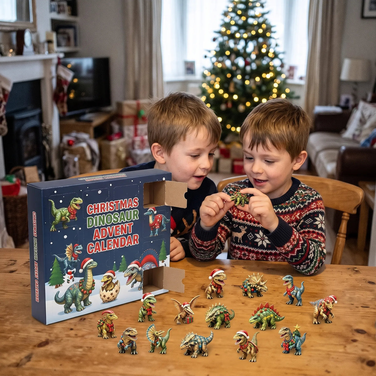 Two boys in festive jumpers open dinosaur advent calendar doors beside the tree, with figures laid out on the table 1