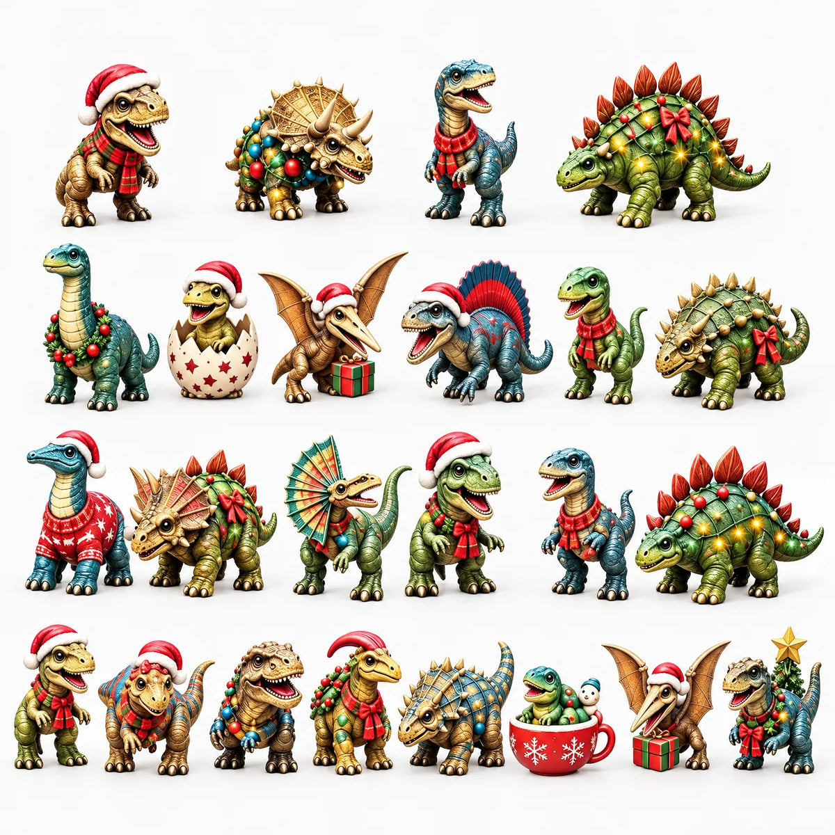 All twenty-four festive dinosaur figures laid out in rows on a plain white background, wearing hats, scarves and wreaths 2