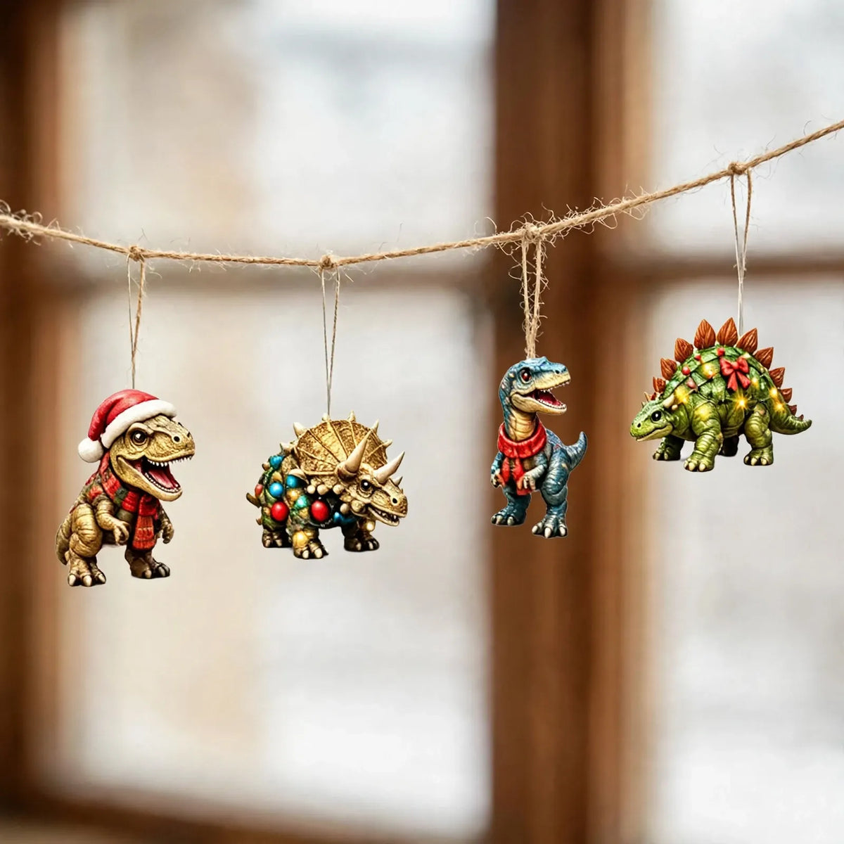 Four dinosaur ornaments in festive outfits hang from a jute string in front of a blurred window 3