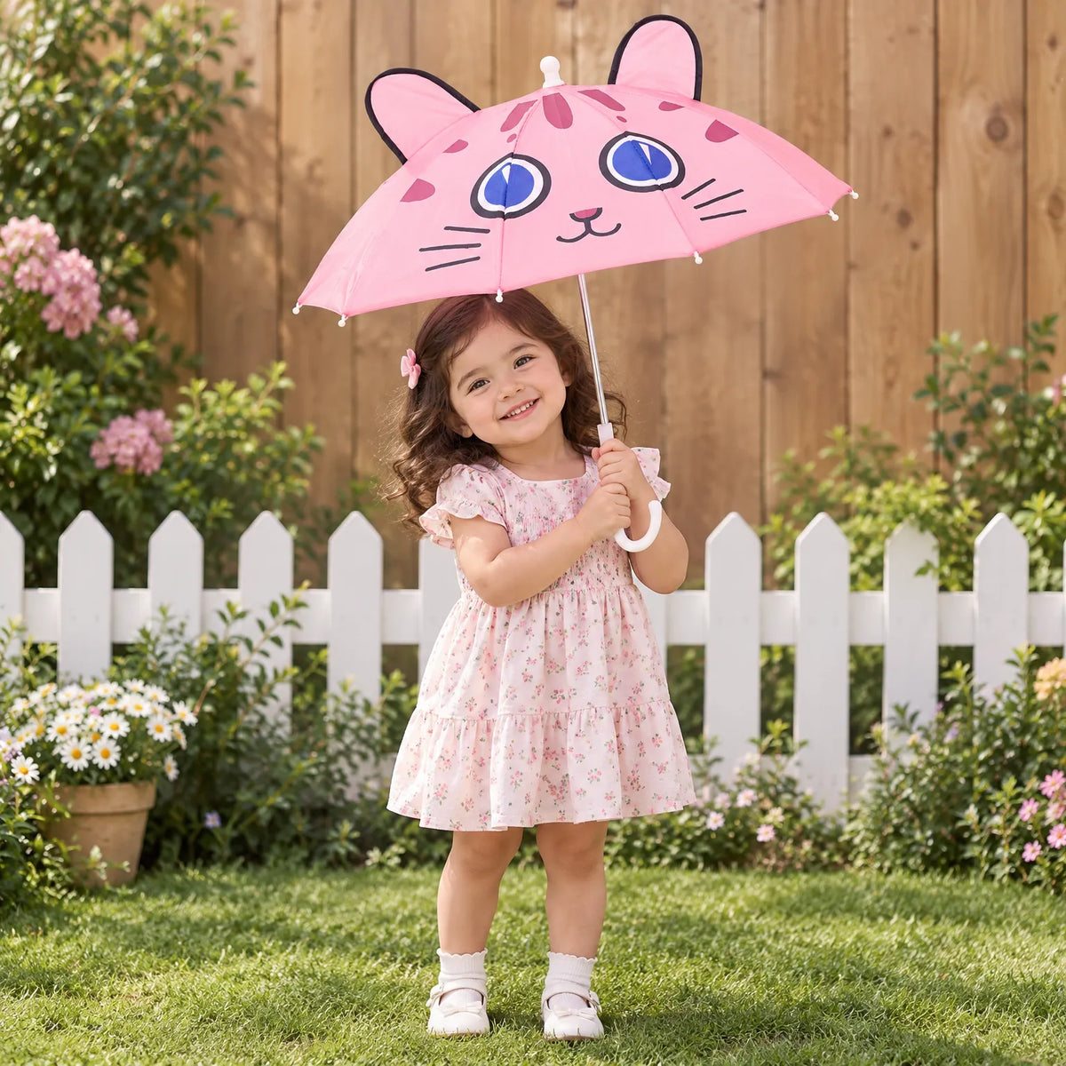 Smiling toddler in a floral dress holds the pink cat-face umbrella with ears in a sunny garden by a white picket fence. 1