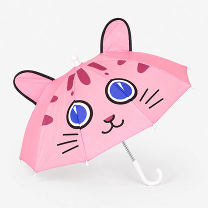 Pink cat-face umbrella with black-edged ears, blue eyes and whiskers, shown open against a plain white background with a white curved handle. 2