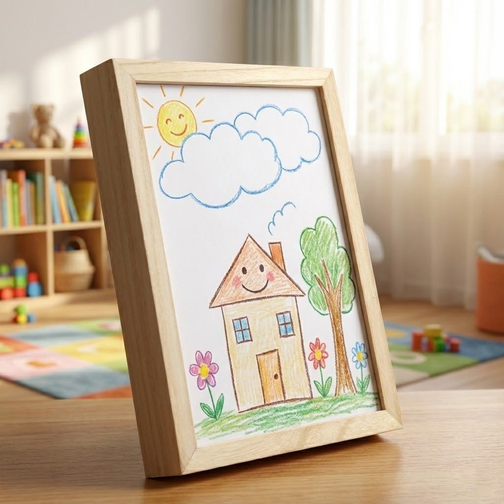 Light wood frame standing on a table in a bright playroom, showing a crayon drawing of a smiling sun and house. 4