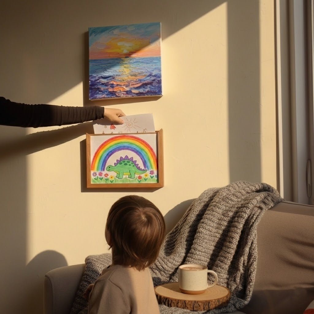 Wall-mounted wooden frame under a seascape painting, with a hand slipping a drawing into the top while a child watches from a sofa. 5