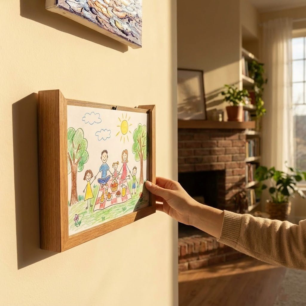 Hand lifting the front of a wall-mounted wooden frame to swap the family picnic drawing inside, in a living room with a brick fireplace. 6