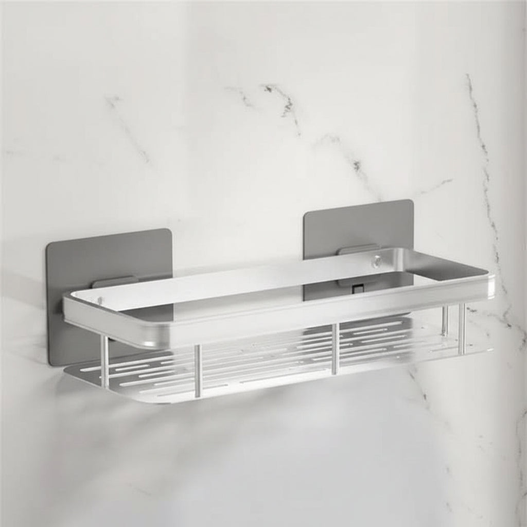Hands positioning two black slatted shelves onto adhesive wall plates with metal brackets 15