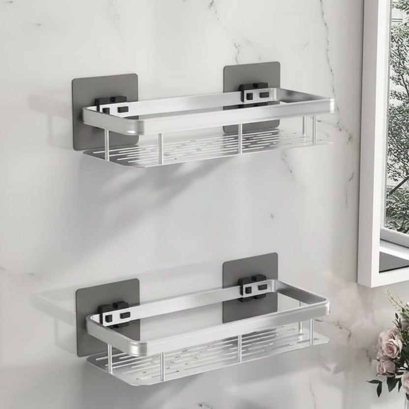 Two black triangular corner shelves with slatted bases, stacked in a tiled shower corner 19