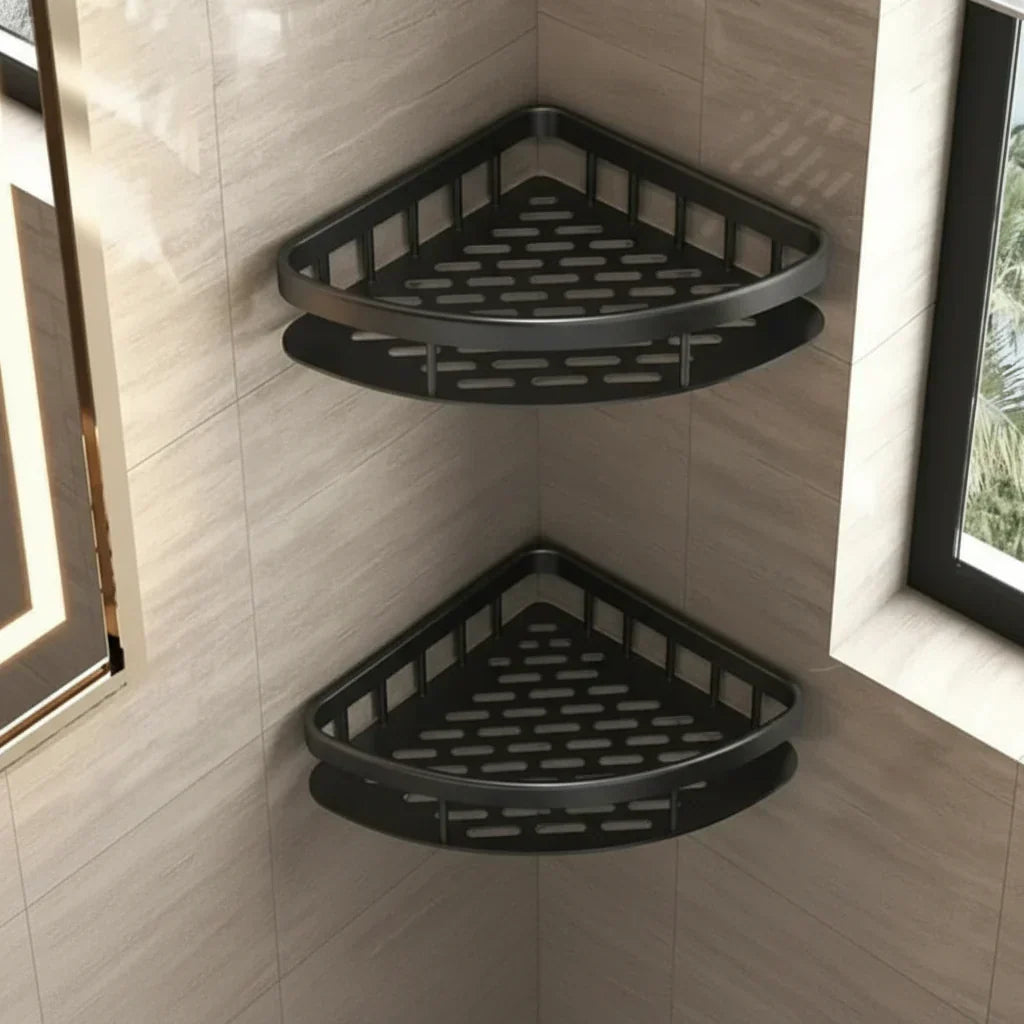 Two black triangular corner shelves with slatted bases, stacked in a tiled shower corner 20