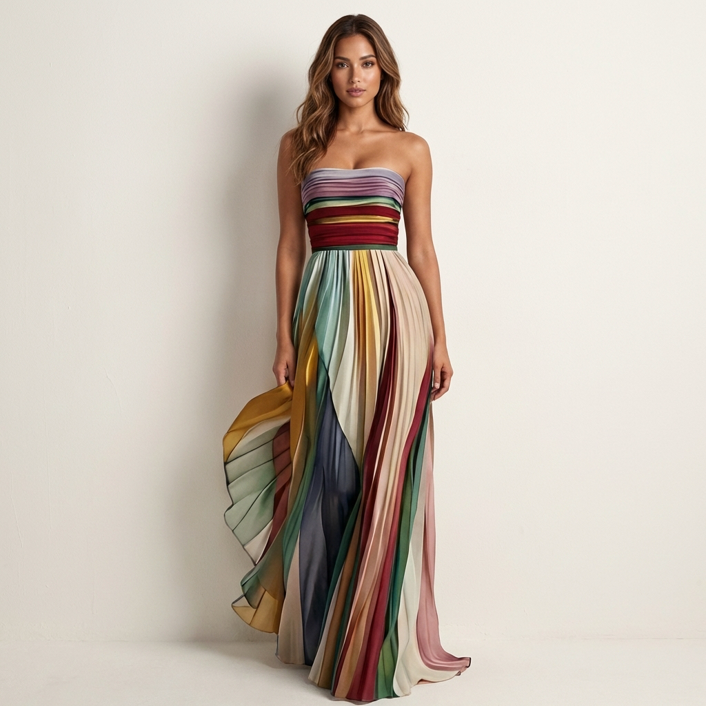 Model in a strapless striped pleated maxi dress with a ruched bodice, standing front-on with one side of the skirt swirling out. 1