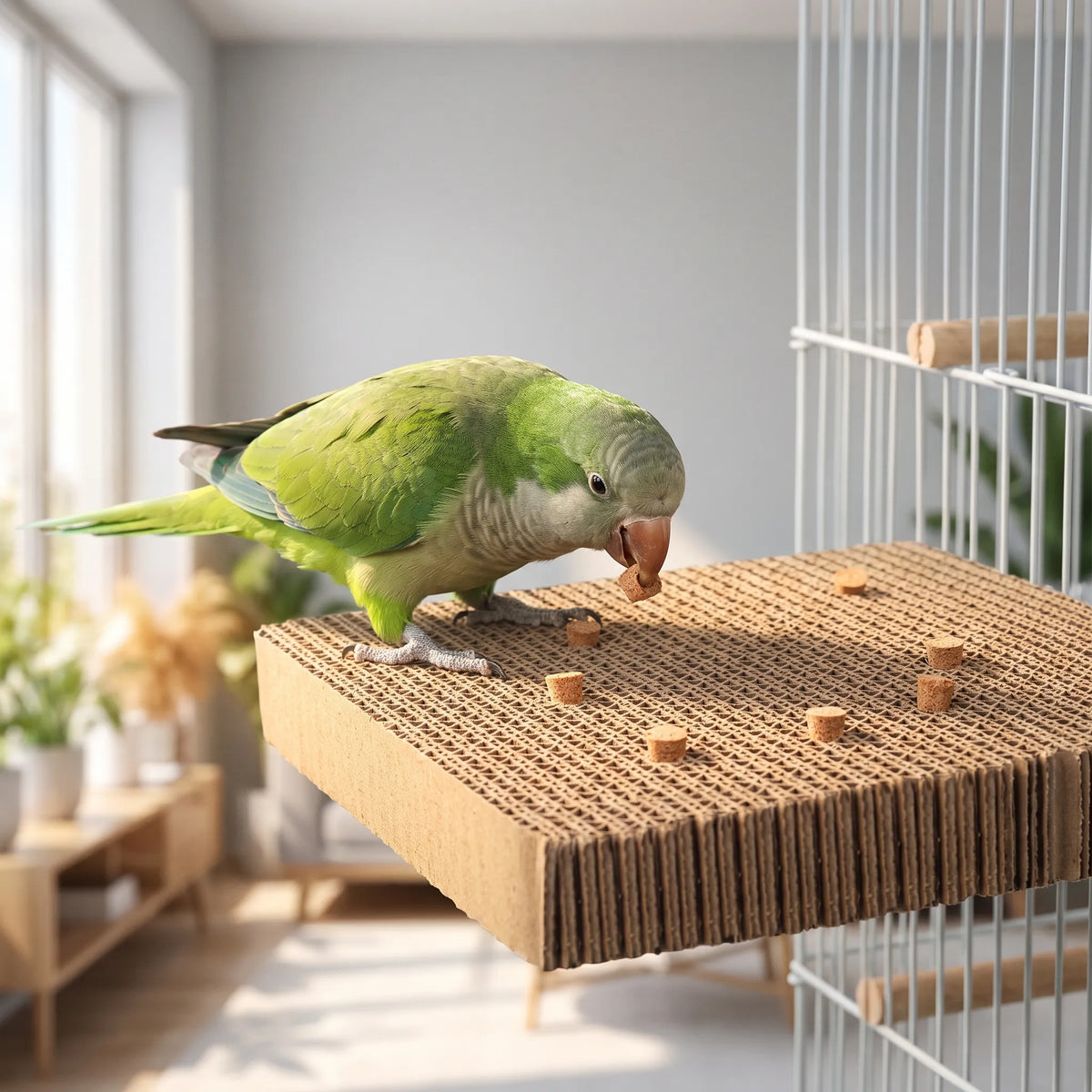 Green parakeet standing on the cardboard platform fixed to a cage, pulling out a cork stopper with its beak in a bright room. 2