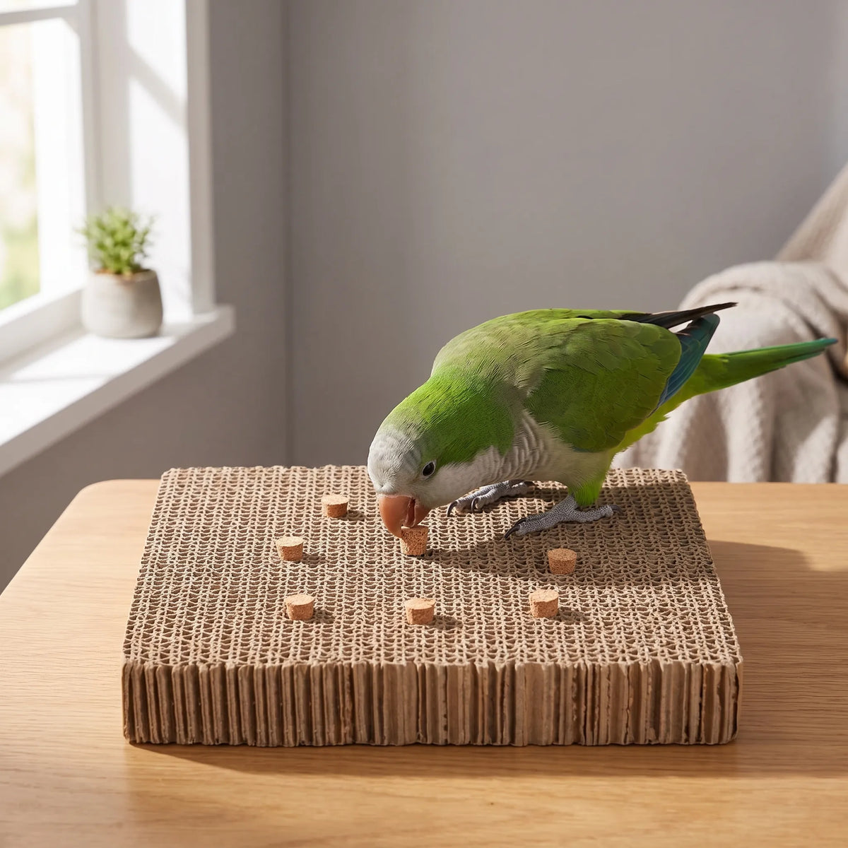 Green parakeet perched on the cardboard platform on a wooden table, nibbling a cork stopper beside a sunny window. 3