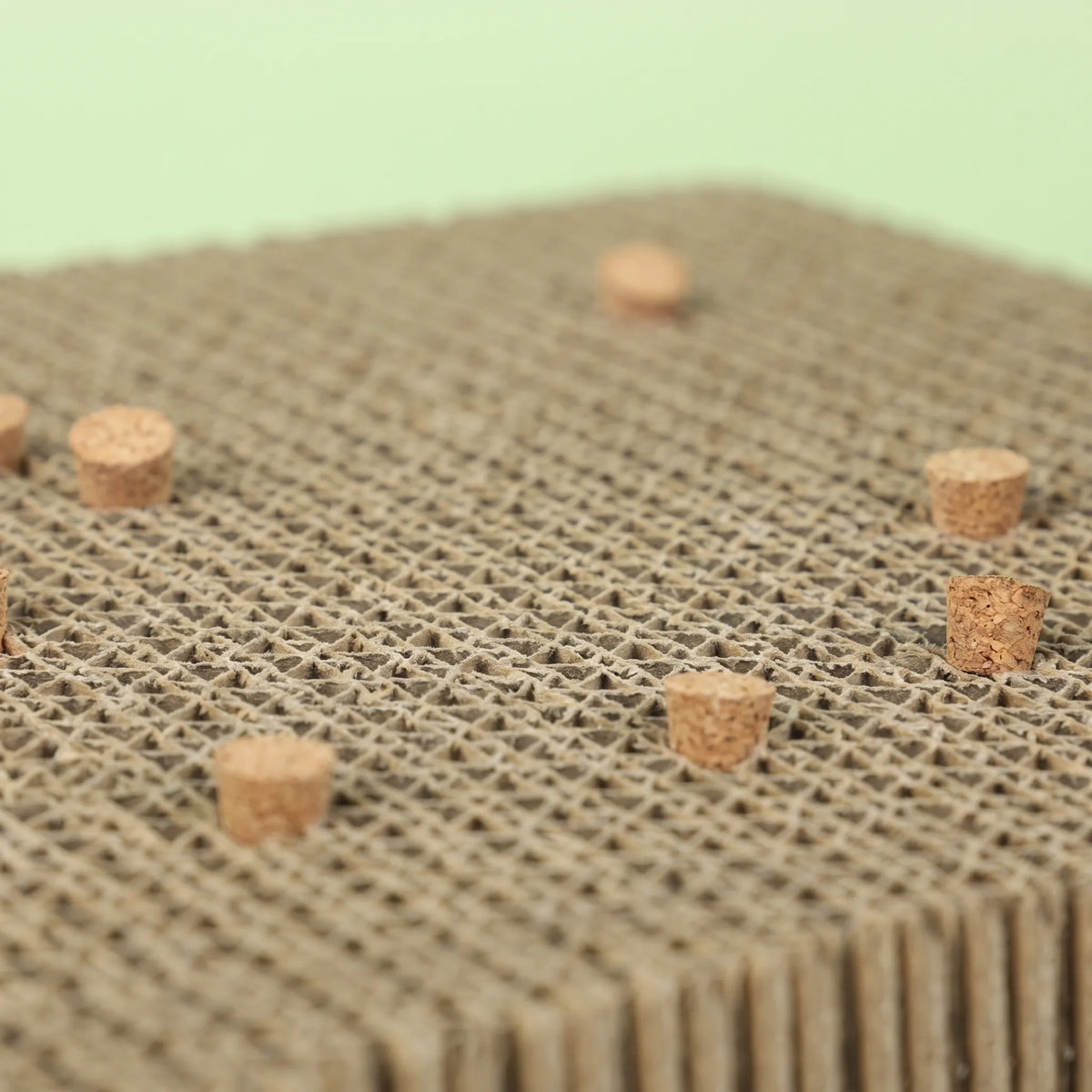 Close-up of the layered cardboard surface showing the honeycomb texture and several cork stoppers set into it, against a pale green background. 4