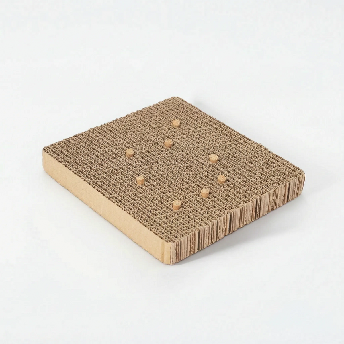 Slightly raised angled view of the cardboard platform with eight cork stoppers arranged across its top, on a white background. 6