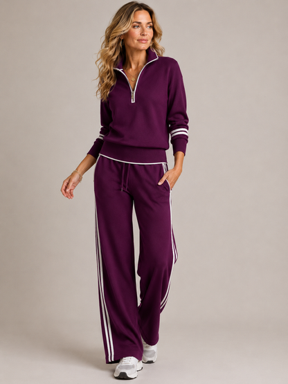 Knitted Two-Piece Set with Quarter-Zip Sweater and Wide-Leg Pants 2