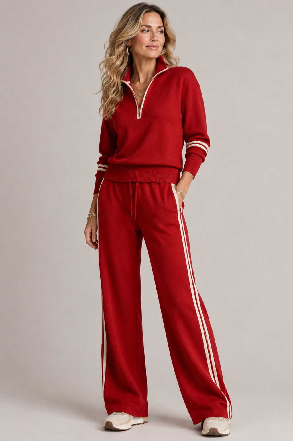 Knitted Two-Piece Set with Quarter-Zip Sweater and Wide-Leg Pants 4