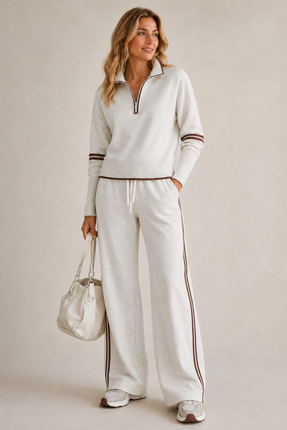Knitted Two-Piece Set with Quarter-Zip Sweater and Wide-Leg Pants 1
