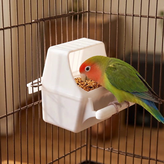 Green lovebird with a red face perched on the feeder's perch and eating seed, with the feeder fixed to the cage bars. 2