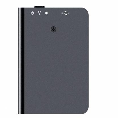 Back of the grey recorder showing a power symbol, indicator marks, a USB symbol and a screw 5