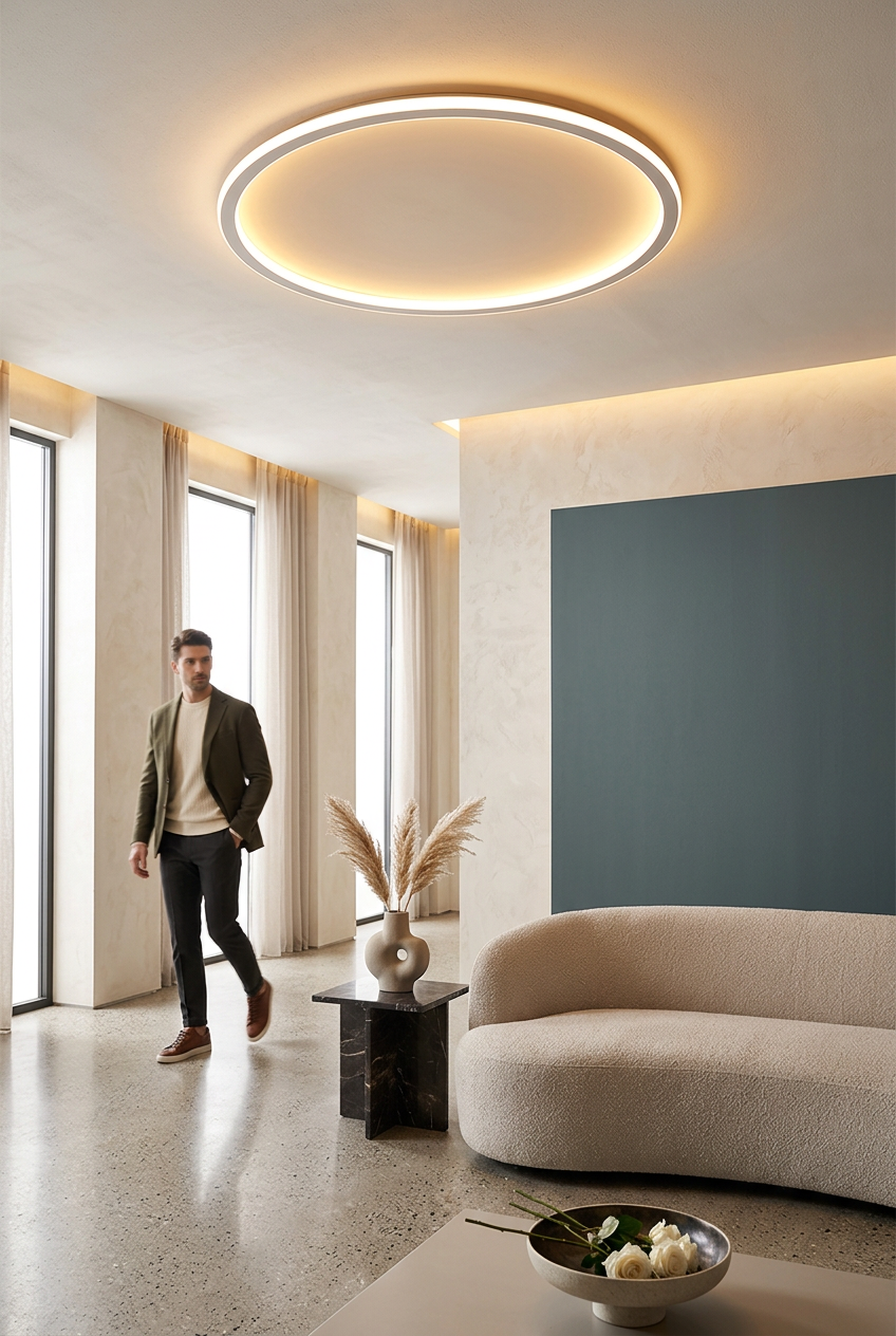 Large white ring ceiling light glowing warmly above a curved sofa as a man walks through a bright, airy room 1