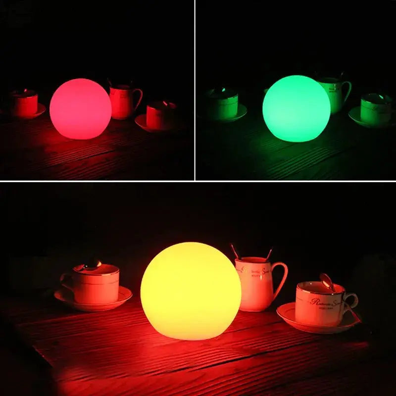 Three-panel collage showing the orb lamp glowing red, green and yellow in a dark room beside teacups. 6