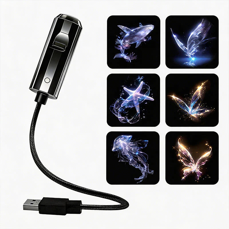 Black projector with braided flexible arm and USB plug beside six slides of sea creatures and butterflies 7