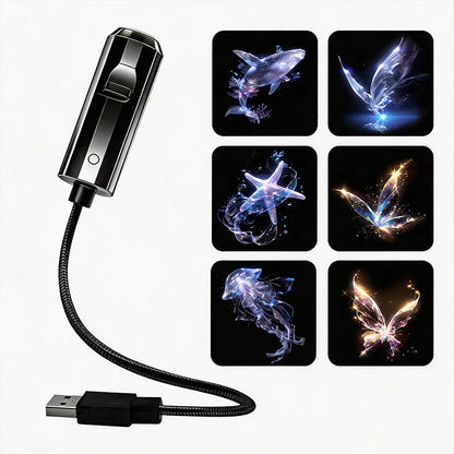 Black projector with braided flexible arm and USB plug beside six slides of sea creatures and butterflies 7