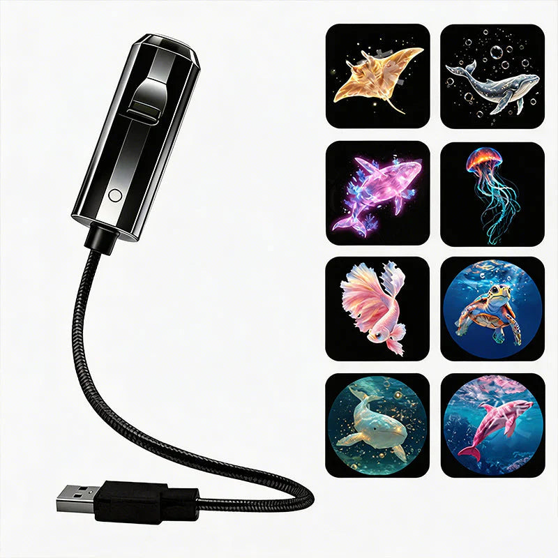 Black projector with flexible USB arm beside eight ocean slides including a ray, whale, jellyfish and turtle 8