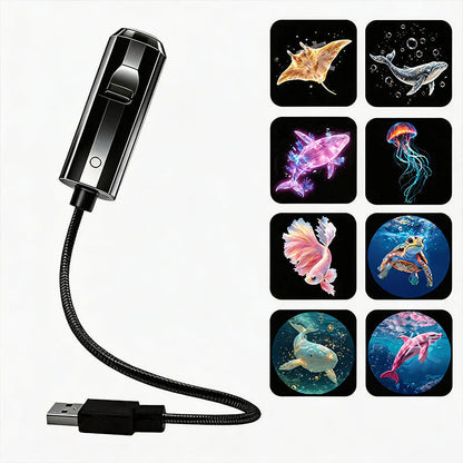 Black projector with flexible USB arm beside eight ocean slides including a ray, whale, jellyfish and turtle 8