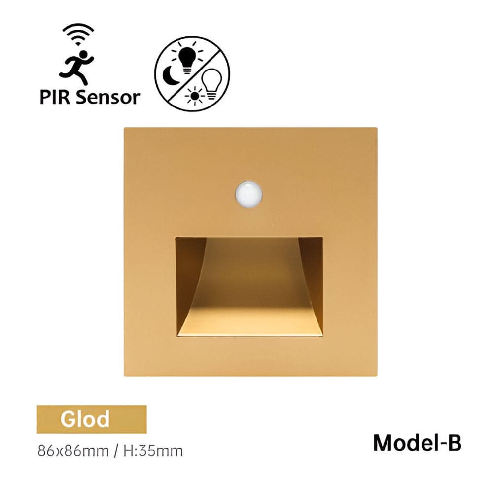 Front of the gold-coloured square wall light with a round sensor and a recessed light window 11