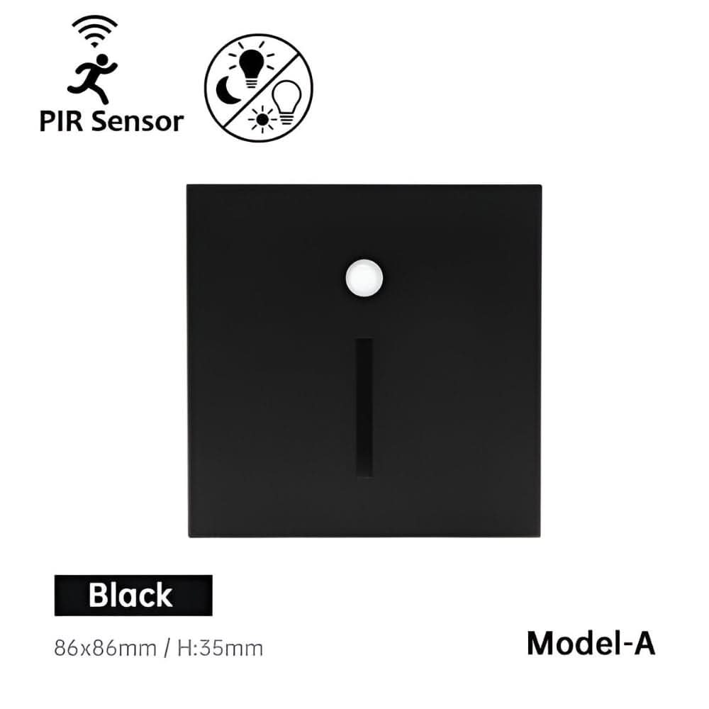 Front of the square black wall light with a round sensor and a narrow vertical light slot 1