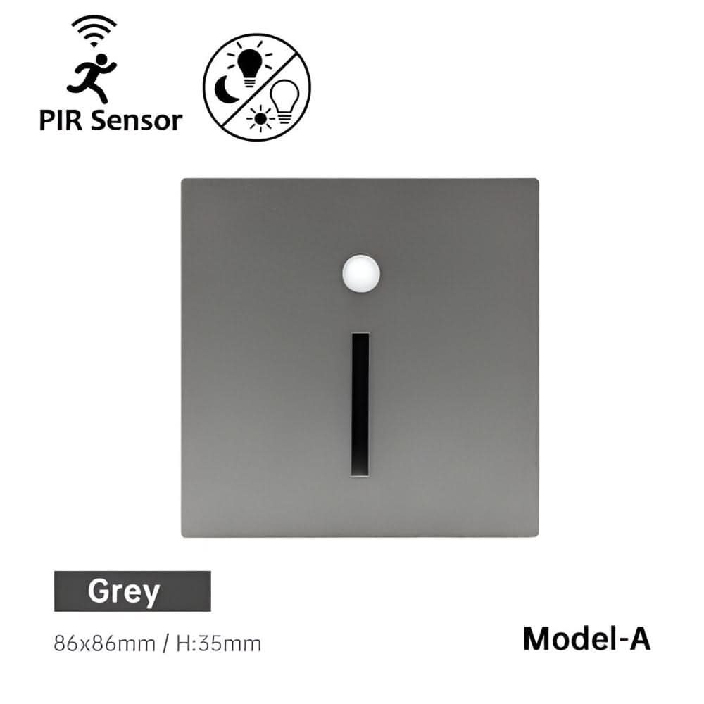 Front of the grey square wall light with a round sensor and a narrow vertical light slot 8