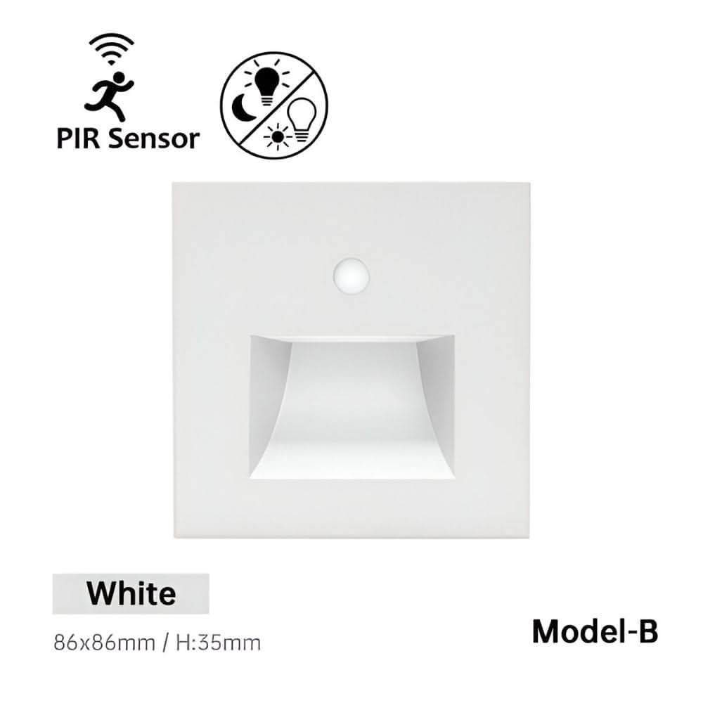 Front of the white square wall light with a round sensor and a recessed light window 10