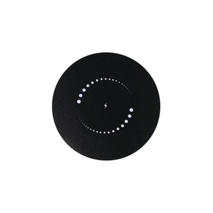 Top view of the black round charging surface, with a small lightning symbol in the centre ringed by two arcs of white dots. 10