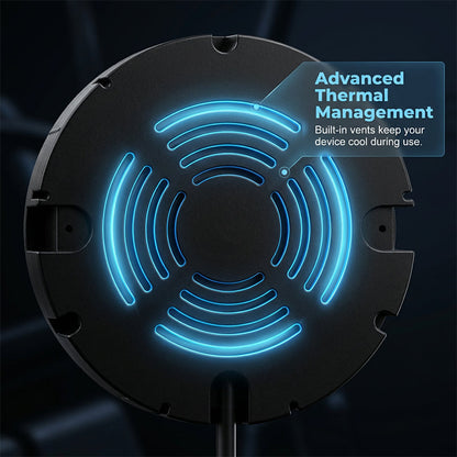 Rear of the black charger with its curved vent slots lit in blue, highlighting the built-in heat dissipation, and the cable at the bottom. 12