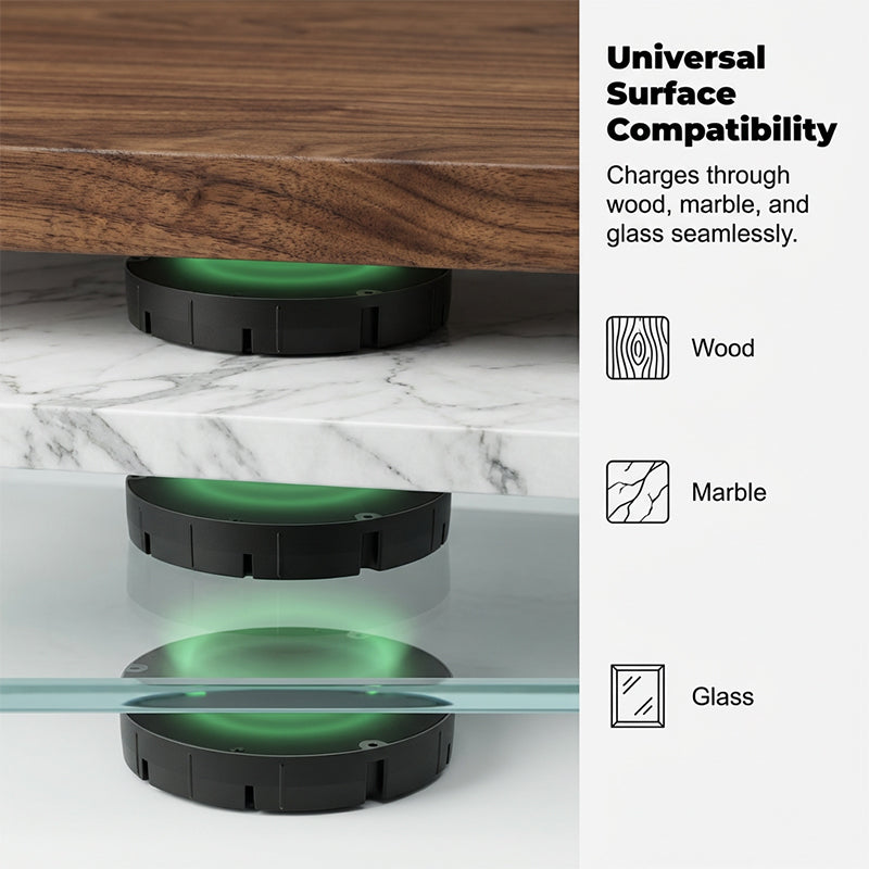 Three black round chargers beneath wood, marble and glass surfaces, each with a green glow, with matching icons for the three materials. 2