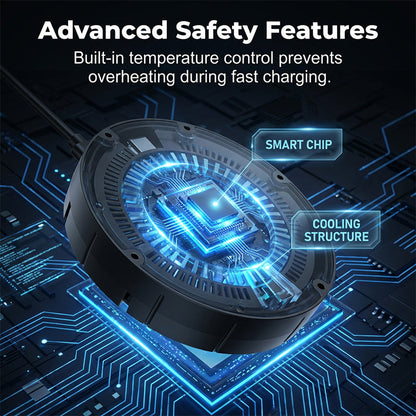 Angled view of the black charger over a glowing blue circuit-board graphic, with labels pointing to its chip and cooling structure. 5