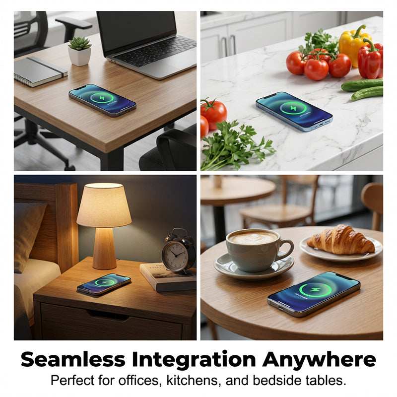 Four-panel collage of a phone charging on a wooden office desk, a marble kitchen worktop, a bedside table and a café table. 7