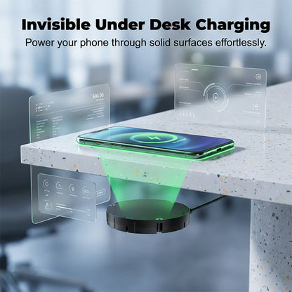 Illustration of a black round charger mounted under a speckled stone desk edge, powering a phone resting on top with a green glow. 1