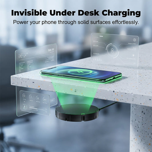 Illustration of a black round charger mounted under a speckled stone desk edge, powering a phone resting on top with a green glow. 1