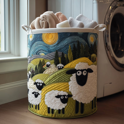 Round quilted basket with sheep on green hills under a swirling starry sky, filled with towels beside a washing machine. 1