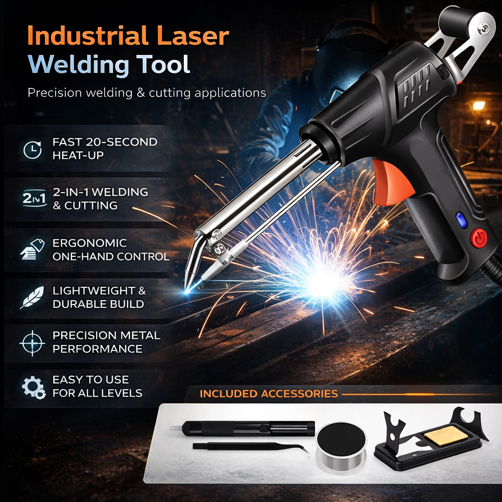 Marketing graphic of the tool with a list of key features and a row of included accessories along the bottom. 3