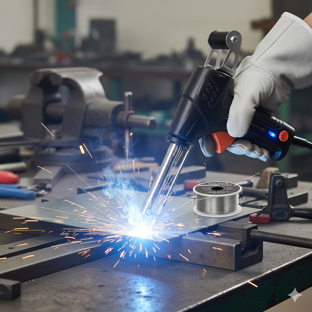 Gloved hand holds the black pistol-grip tool over a clamped metal sheet in a workshop, with bright sparks and a solder reel nearby. 1