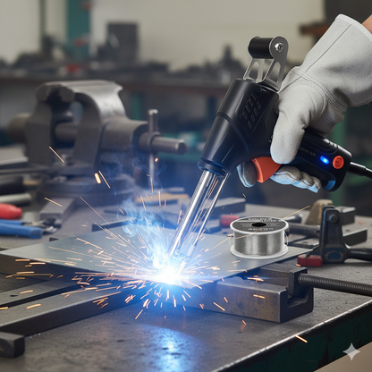 Gloved hand holds the black pistol-grip tool over a clamped metal sheet in a workshop, with bright sparks and a solder reel nearby. 1