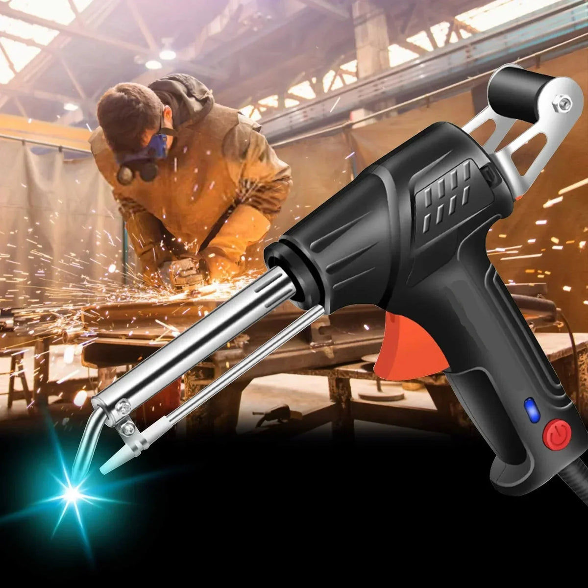 Close-up of the black welding gun with orange trigger and silver nozzle, set against a welder working in a sparking industrial workshop. 2
